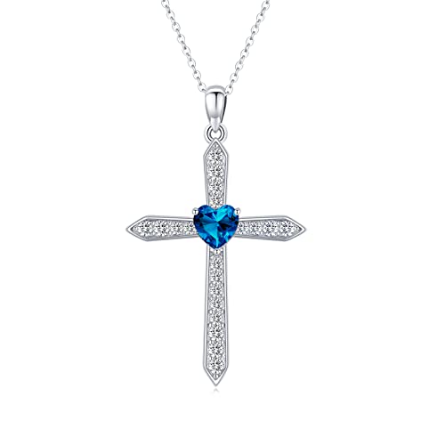 Kreuz Halskette 925 Sterling Silber Kreuz Geburtsstein Kette mit Blau Herz Zirkonia Kruzifix Kette Religiöse Schmuck Geschenk für Sie Frau Freundin Mama von Waysles