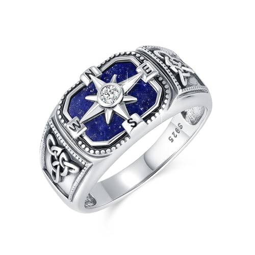 Lapislazuli Ring Herren 925 Sterling Silber Wikinger Kompass Ring mit Lapislazuli Amulett Kompass Keltisches Schmuck Geschenk für Männer, Frauen 10# von Waysles