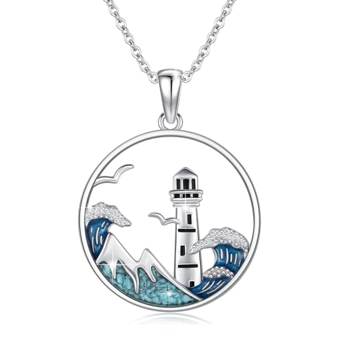 Leuchtturm Halskette 925 Sterling Silber Leuchtturm Wellen Anhänger Halsketten mit Türkis Berg und Meer Leuchtturm Inspiration Schmuck Geschenke für Frauen Männer von Waysles