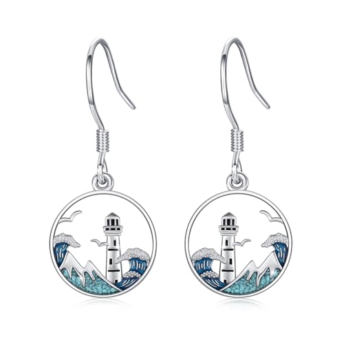 Leuchtturm Ohrringe 925 Sterling Silber mit Türkis Nautische Ohrhänger mit Wellen Design Hypoallergen Geschenk für Frauen Maritime Schmuck 15 mm Durchmesser von Waysles