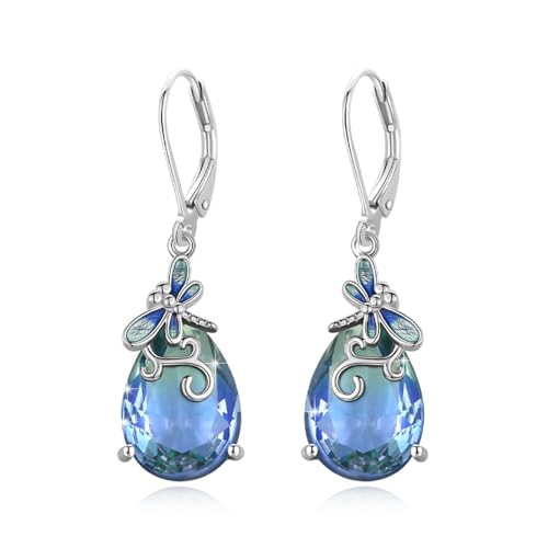 Libellen Ohrringe 925 Sterlingsilber Libellen Ohrhänger mit blau-grünem Farbverlauf Turmalin Leverback Ohrringe Tier Schmuck für Frauen von Waysles