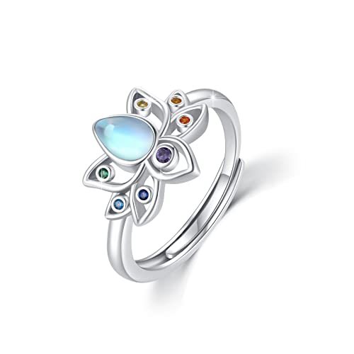 Lotus Ring 925 Sterling Silber Verstellbarer Mondstein Ring Lotus Blume Chakra Yoga Spiritueller Schmuck Geschenk für Frauen Mädchen #7 von Waysles