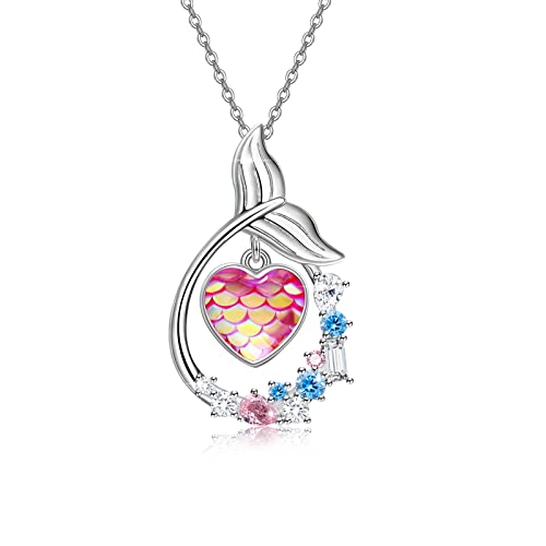 Meerjungfrau Schwanz Halskette 925 Sterling Silber Rosa Meerjungfrau Halskette mit herzförmigen Meerjungfrauen schuppen Ozean Meerjungfrau Schmuck Geschenk für Mädchen Tochter von Waysles