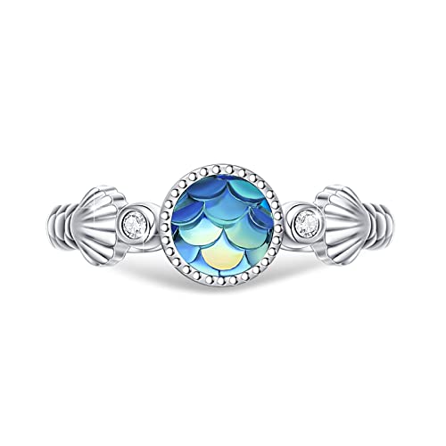 Meerjungfrauen Ring Damen 925 Sterling Silber Verstellbarer Blau Meerjungfrauen Ring mit Muschel offener Ring Meeres Schmuck Geschenk für Damen Kinder Teenager Mädchen von Waysles
