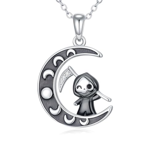 Mondphasen Halskette 925 Sterling Silber Kleine Reaper Sensenmann Anhänger Halloween Party Skelett Schmuck Geschenk für Damen Männer Mondphasen Halskette 925 Sterling Silber Kleine Reaper Sensenmann Anhänger Halloween Party Skelett Schmuck Geschenk für Damen Männer von Waysles
