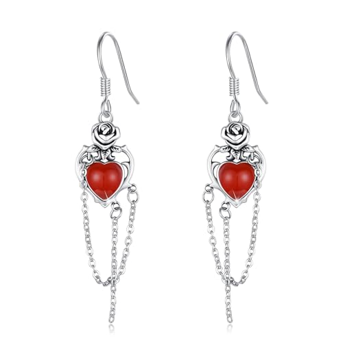 Onyx Gothic Herz Ohrringe Hängend 925 Sterling Silber Roter Onyx Ohrringe Tropfen Rosenblüten Ohrhänger Hexen Roter Achat Schmuck Geschenke für Frauen Mädchen von Waysles