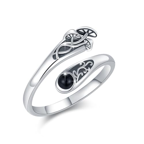 Pilz Ringe 925 Sterling Silber gotischer Pilz Löffelringe mit schwarzem Achat Einstellbar Löffelring Hexen Pilz Schmuck Geschenk für Damen Größe 8# von Waysles