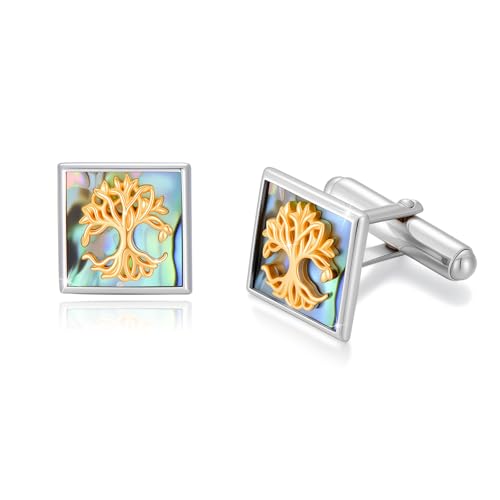 Quadratische Manschettenknöpfe mit Lebensbaum-Design, 925 Sterlingsilber, Abalone-Muschel Einlage, 14mm Hochzeit Anzug Hemd-Manschettenknöpfe, Schmuck für Vater, Freund von Waysles