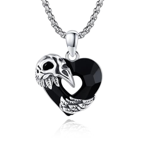 Raben Totenkopf Halskette 925 Sterling Silber Wikinger Rabenvogel Schädel Anhänger Schwarz Herzform Kristall Halskette Vintage Gotik Raben Schmuck Geschenke für Herren Damen 20+2 Inch Kette von Waysles
