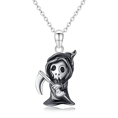 Reaper Halskette 925 Sterling Silber Sensenmann Halskette Kleine Skelett Halskette Halloween Party Schwarze Reaper Schmuck Geschenk für Damen Männer von Waysles