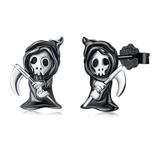 Reaper Ohrringe 925 Sterling Silber Schwarze Sensenmann Ohrringe Kleine Skelett Ohrstecker Halloween Sensenmann Schmuck Party Geschenk für Damen Männer von Waysles