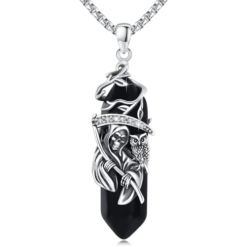 Reaper Totenkopf Halskette 925 Sterling Silber Sensenmann Kette Eule und Santa Muerte Halskette mit Schwarze Heilkristall Halloween Gotik Sensenmann Schmuck Geschenk für Damen Männer 20 + 2 Inch Kette von Waysles