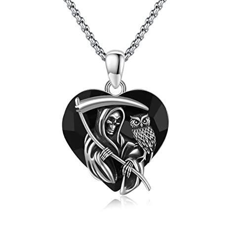 Reaper Halskette 925 Sterling Silber Sensenmann Kette Eule und Santa Muerte Halskette mit Schwarze Kristallen Halskette Halloween Schmuck Sensenmann Geschenk für Damen Männer 22 + 2 inch von Waysles