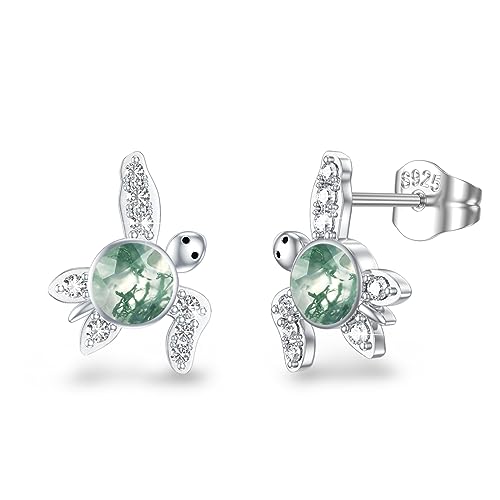 Schildkröte Ohrringe 925 Sterling Silber Moosachat Ohrstecker Hypoallergen Meeresschildkröte Ohrring mit Moosachat Meeres Tier Schmuck für Damen Mädchen Kinder von Waysles