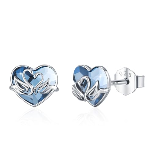 Schwanen Ohrstecker 925er Sterlingsilber Hypoallergen Blaue Herzförmige Kristall Ohrringe Süßer Tier Schwanen Schmuck Geschenk für Frauen Mädchen Mutter und Tochter von Waysles