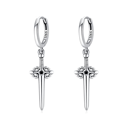 Schwert Ohrringe 925 Sterling Silber Schwert Creolen Ohrringe hängend coole Dolch Baumeln Ohrringe längliche Punk Ohrringe Schwert Schmuck für Frauen Männer Herren von Waysles