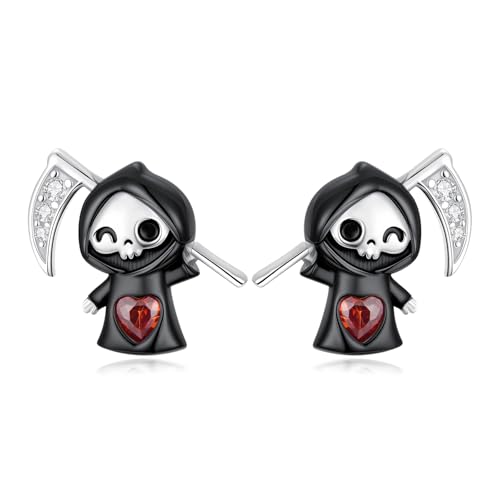 Sensenmann Ohrringe 925 Sterling Silber niedlich Schwarze Reaper Ohrringe mit Roter Zirkonia kleine Skelett Halloween Sensenmann Schmuck Gothic Geschenk für Damen Männer Sensenmann Ohrringe 925 Sterling Silber niedlich Schwarze Reaper Ohrringe mit Roter Zirkonia kleine Skelett Halloween Sensenmann Schmuck Gothic Geschenk für Damen Männer von Waysles