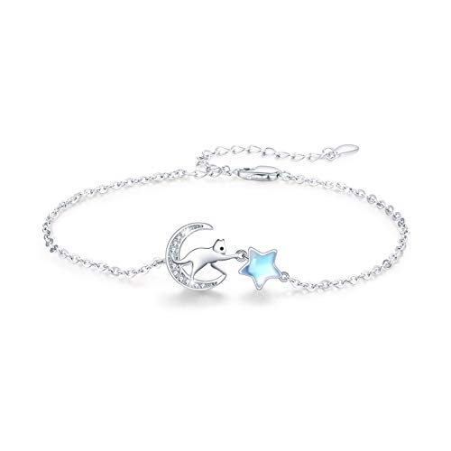 Waysles Stern und Mond Armband 925 Sterling Silber Nette Katze Armband Einstellbar Mondstein Mond Stern Fußkettchen Armband Schmuck Geschenk für Frauen Mädchen Kinder von Waysles