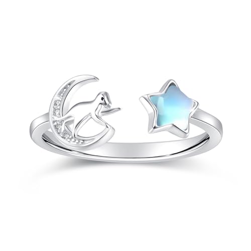 Stern und Mond Rings 925 Sterling Silber Nette Katze Rings Einstellbar Mondstein Mond Stern Rings Mondstein Schmuck Geschenk für Frauen Mädchen Kinder von Waysles