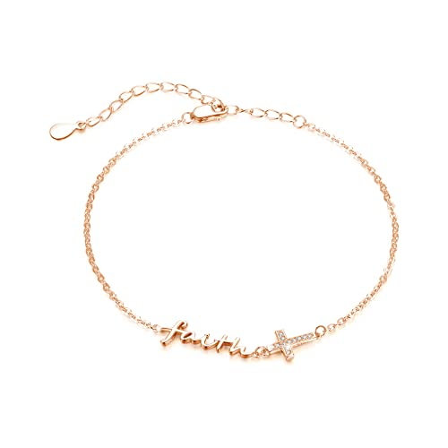 Waysles Damen Armband Kreuz 925 Sterling Silber Verstellbare Glaube Kreuz Armband Religiöse Schmuck Rosen Vergoldet Armkettchen Geschenke für Frauen Mädchen Kinder von Waysles