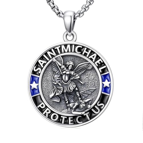 Waysles Erzengel Michael Kette 925 Sterling Silber Heiliger Michael rund Anhänger Krieger Beschütze Amulett Schmuck Geschenk für Männer Frauen 22+2 Zoll von Waysles