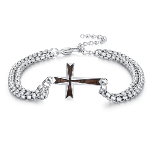 Waysles Herren Kreuz Armband 925 Sterling Silber mit Ebenholz 24 mm Christliches Kreuz Armband 18+5 cm Verstellbar Religiöses Schmuckgeschenk für Männer von Waysles