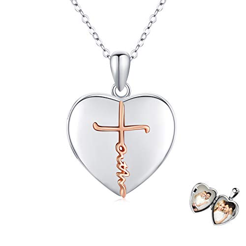 Waysles Herz Medaillon Kette 925 Sterling Silber Faith Kreuz Medaillon Foto Amulett zum Öffnen Foto Anhänger Herz Amulett Medaillon Faith Schmuck für Frauen Mädchen von Waysles