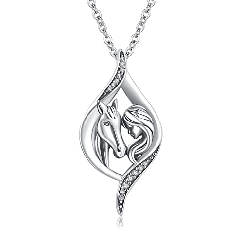 Mädchen und Pferd Halskette 925 Sterling Silber Pferd Anhänger Twisted Halskette Pferd Schmuck für Frauen Mädchen Pferde Liebhaber, mit Zirkonia von Waysles