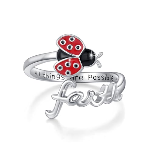 Waysles Marienkäfer Glaube Ring 925 Sterling Silber Verstellbar christlicher Inspirations Marienkäfer schmuck Glückssymbol für Frauen Geschenkidee Muttertag (18.2-19.1 mm) von Waysles