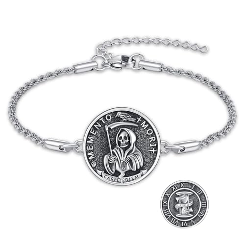 Waysles Memento Mori Armband 925 Sterling Silber Totenkopf & Sanduhr Anhänger 20mm Medallion, 18+5cm verstellbare Kette, Gotischer Schmuck für Damen Herren von Waysles