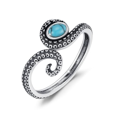 Waysles Oktopus Ring 925 Sterlingsilber mit Türkis Verstellbarer offener Ring Größe 8 Ozean Thema Tentakel Design Hypoallergen Geschenk für Frauen von Waysles