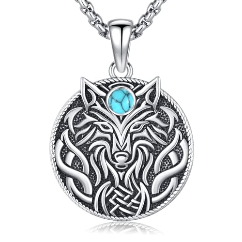 Wikinger Wolf Kette 925 Sterling Silber Türkis Wolf Halskette mit keltischer Knoten rund Anhänger Wikinger Tier Wolf Schmuck Geschenk für Herren Damen von Waysles