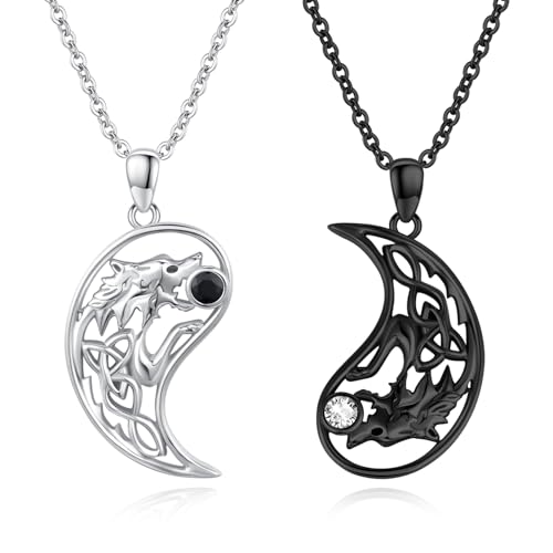 Wolf passende Halskette 925 Sterling Silber 2 Stücke Yin Yang Keltischer Knoten Wolf Anhänger BFF Halskette Paar Freundschaft Schmuck Valentinstagsgeschenke für Sie ihn Frauen Männer von Waysles