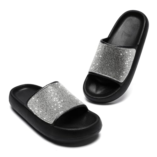 Waysoland Badelatschen Damen,Mode Strassstein Badeschlappen Cozy Slides Damen Wolkenschuhe Rutschfest Bequeme Dicke Sohle Sommer Hausschuhe für Geschenk(Schwarz,37 EU) von Waysoland