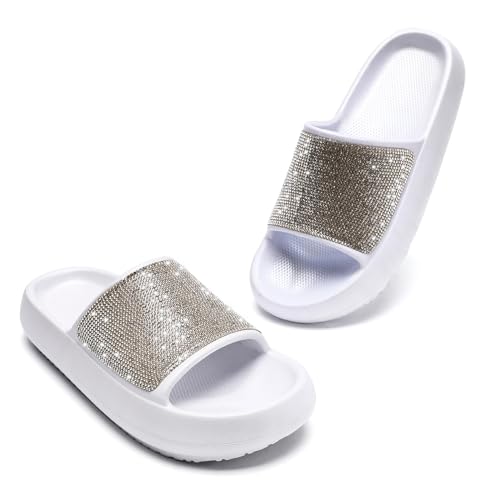 Waysoland Badelatschen Damen,Mode Strassstein Badeschlappen Cozy Slides Damen Wolkenschuhe Rutschfest Bequeme Dicke Sohle Sommer Hausschuhe für Geschenk(Silberweiß,37 EU) von Waysoland