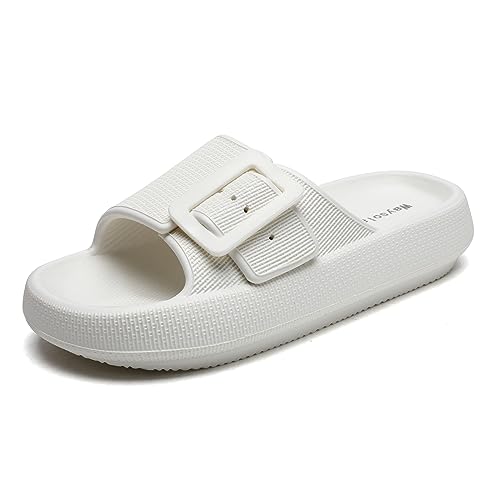 Waysoland Cozyslides Original Damen Herren,Wolkenschuhe Damen Airfoot mit Verstellbaren Schnallen Rutschfest Schnell Trocknend Super Bequeme Dicke Sohle Sandalen(Weiß,37/38 EU) von Waysoland