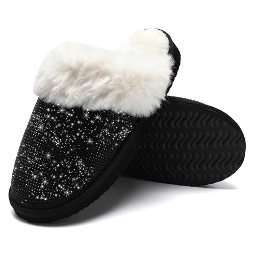 Waysoland Damen Hausschuhe - Warme Memory Foam Pantoffeln Mit Strasssteinen, Rutschfest, Kunstfell, Bequem für Winter, Drinnen und Draußen (Schwarz, 42/43 EU) von Waysoland