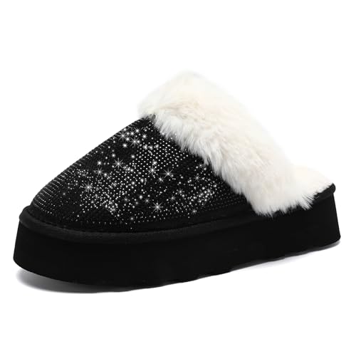 Waysoland Hausschuhe Damen,Warme Damen Plattform Hausschuhe mit Strasssteinen Memory Foam rutschfest Kunstfell bequeme Winter Pantoffeln Drinnen Draußen(Schwarz,40/41 EU) von Waysoland