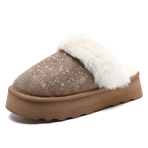 Waysoland Hausschuhe Damen,Warme Damen Plattform Hausschuhe mit Strasssteinen Memory Foam rutschfest Kunstfell bequeme Winter Pantoffeln Drinnen Draußen(Beige,36/37 EU) von Waysoland