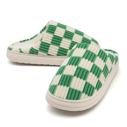 Waysoland Hausschuhe Damen Herren,Flauschige Damen Plüsch Pantoffeln aus Memory-Schaum Kariert Rutschfeste Sohle für Schlafzimmer Winter Slippers Drinnen Draußen mit Fellfutter(Grün,40/41 EU) von Waysoland