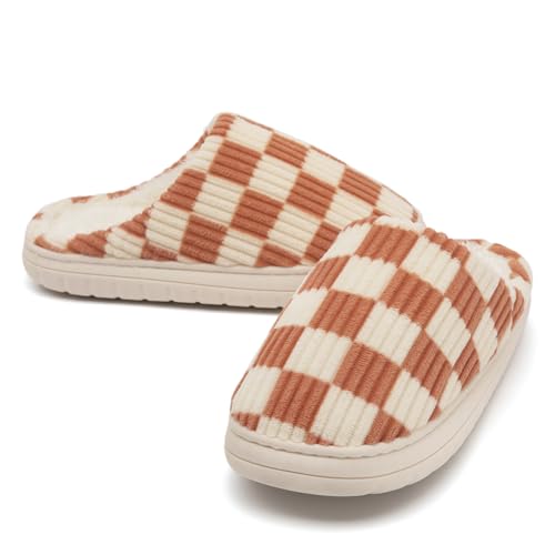 Waysoland Hausschuhe Damen Herren,Flauschige Damen Plüsch Pantoffeln aus Memory-Schaum Kariert Rutschfeste Sohle für Schlafzimmer Winter Slippers Drinnen Draußen mit Fellfutter(Orange,44/45 EU) von Waysoland