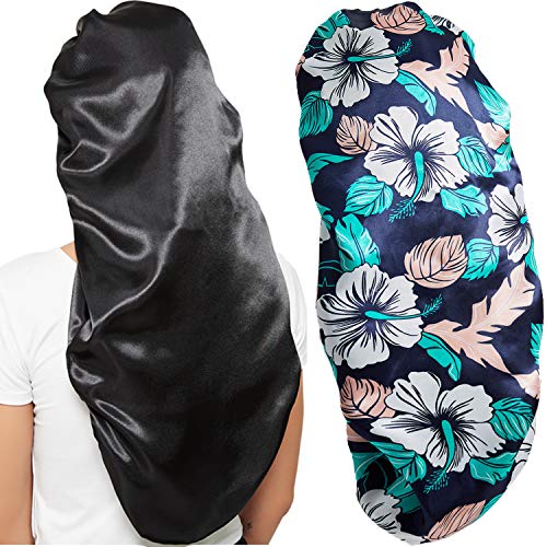 2 Stück Haarhauben für Frauen Satin, weiches elastisches Band, seidige Schlafkappe, große Hauben für Frauen für Zöpfe (extra lang, schwarz + Blume E) von Wbfwbb