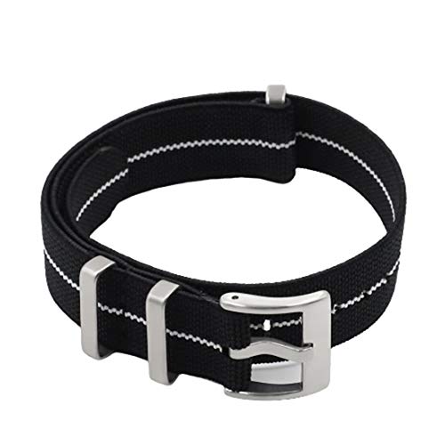 Universelles Armband, Nylon-NATO-Armband, elastischer Gürtel, Uhrenarmband, 18 mm/20 mm/22 mm, Uhrenarmband, einteiliger Armband-Ersatz ( Color : Black White Line , Size : 18mm Silver Buckle ) von WchsTUmpxN