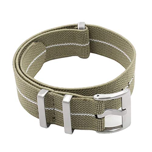 Universelles Armband, Nylon-NATO-Armband, elastischer Gürtel, Uhrenarmband, 18 mm/20 mm/22 mm, Uhrenarmband, einteiliger Armband-Ersatz ( Color : Khaki White Line , Size : 20mm Silver Buckle ) von WchsTUmpxN