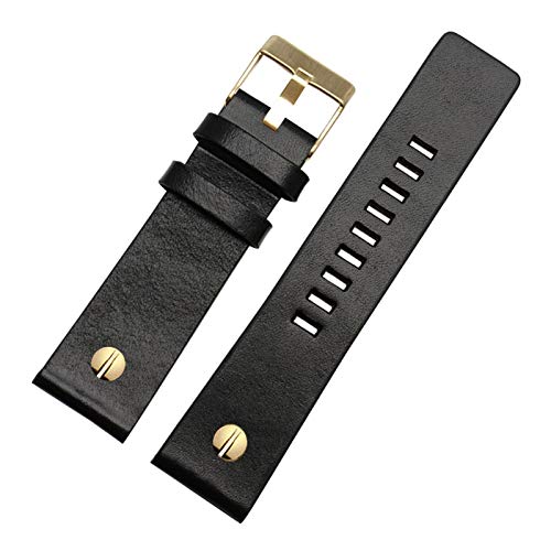 Universelles Armband, 22/24/26/28/30 mm, echtes Lederarmband, Herren-Uhrenarmband mit Nieten-Uhrendekoration, klassischer verstellbarer Armband-Ersatz ( Color : Black Watchband With Gold Buckle , Size von WchsTUmpxN