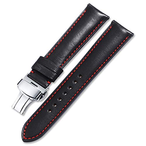 Universelles Armband, Uhrenarmband, Frankreich, Leder, 16 mm, 18 mm, 19 mm, 20 mm, 22 mm, 24 mm, Lederarmband, Herren- und Damenarmband, Schmetterlingsfaltschließe ( Color : Black With Red , Size : 16 von WchsTUmpxN