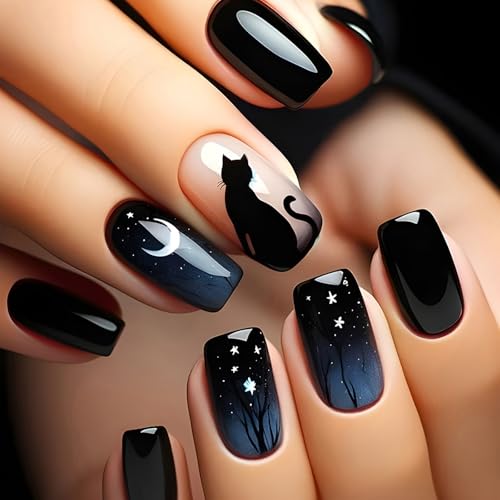 24 PCs Schwarze Katzen Kleben An Nägeln Gradient Künstlicher Nägel Mond Und Stern Falsch Glänzende Presse Für Frauen Mädchen An von Wdbild