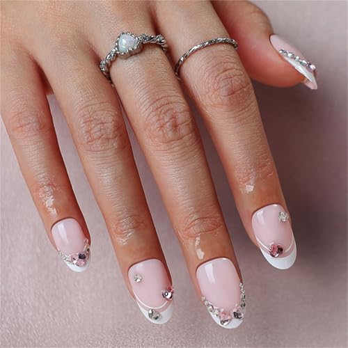 24 Pcs Kurze Mandelpresse Auf Nägeln Hochglänzende Acryl Falsche Nägel Mit Strasssteinen Französische Stick Auf Nägeln Für Frauen Und Mädchen Feiern Feiern Bereit Nagel von Wdbild