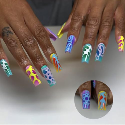 Quadratische Presse Auf Nägeln Farbenfrohe Gefälschte Nägel Kleber Auf Künstlichem Acryl 24PCS Stick Für Frauen Mädchen Design Falsch Nagel von Wdbild