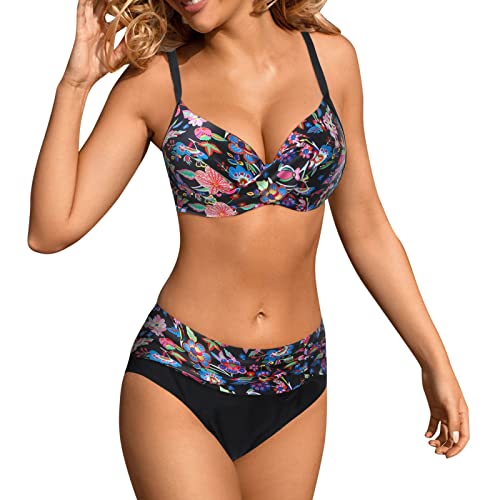 Bikini Damen Bauchweg Schwarz Two-Piece Bikini Set with Adjustable Bra and Back Strap Design, Triangle Swimming Briefs, with Bird Print Tankini Damen Bauchweg Tankini Damen Mit BüGel von Wdgfv